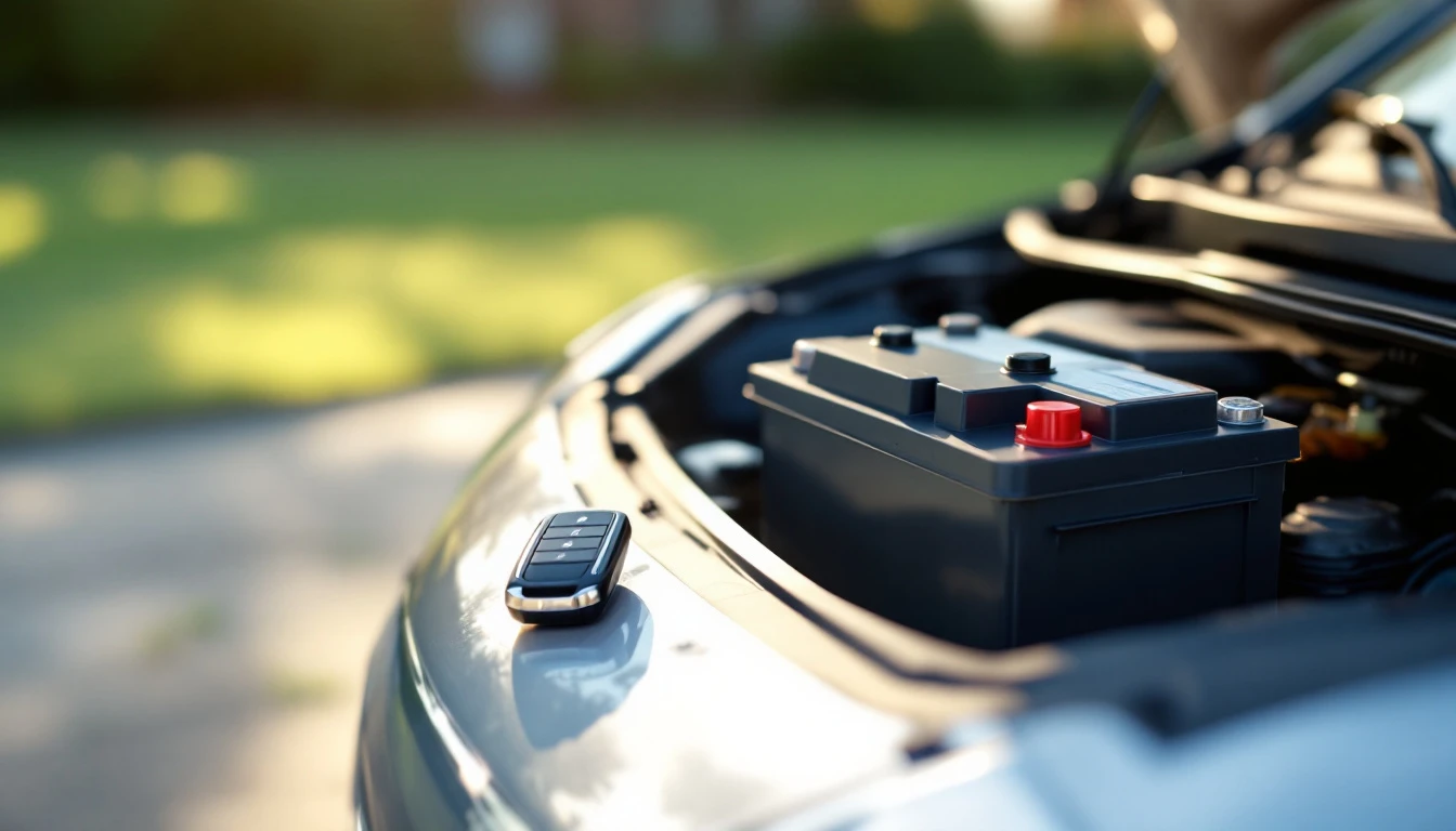 Bateria de carro recien instalada bajo el cofre abierto con un control remoto negro apoyado sobre el borde del compartimiento del motor