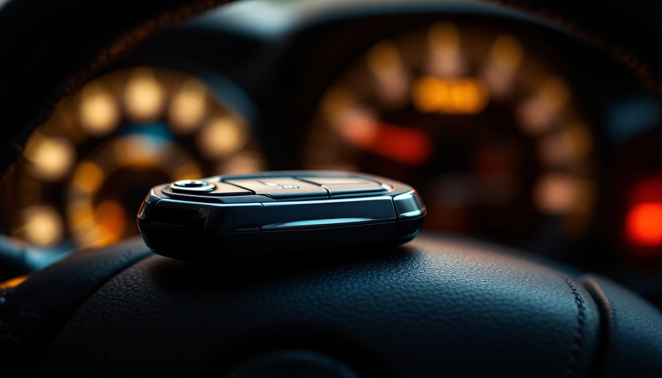 Llave con chip apoyada en el borde del volante junto a la ranura de ignicion de un sedan con el tablero encendido durante un diagnostico en el DFW