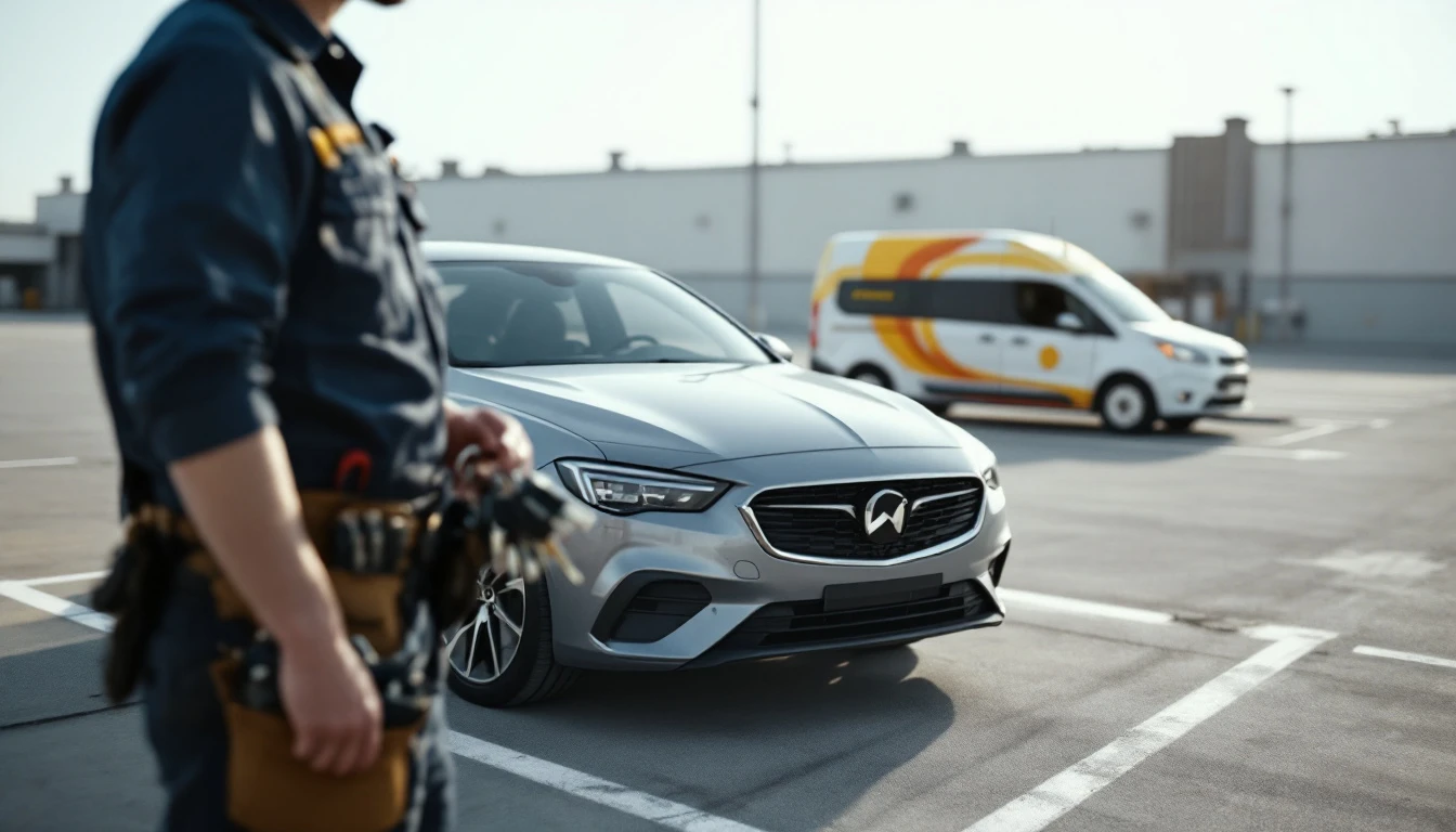 Cerrajero movil atendiendo un carro en el estacionamiento long-term del aeropuerto DFW