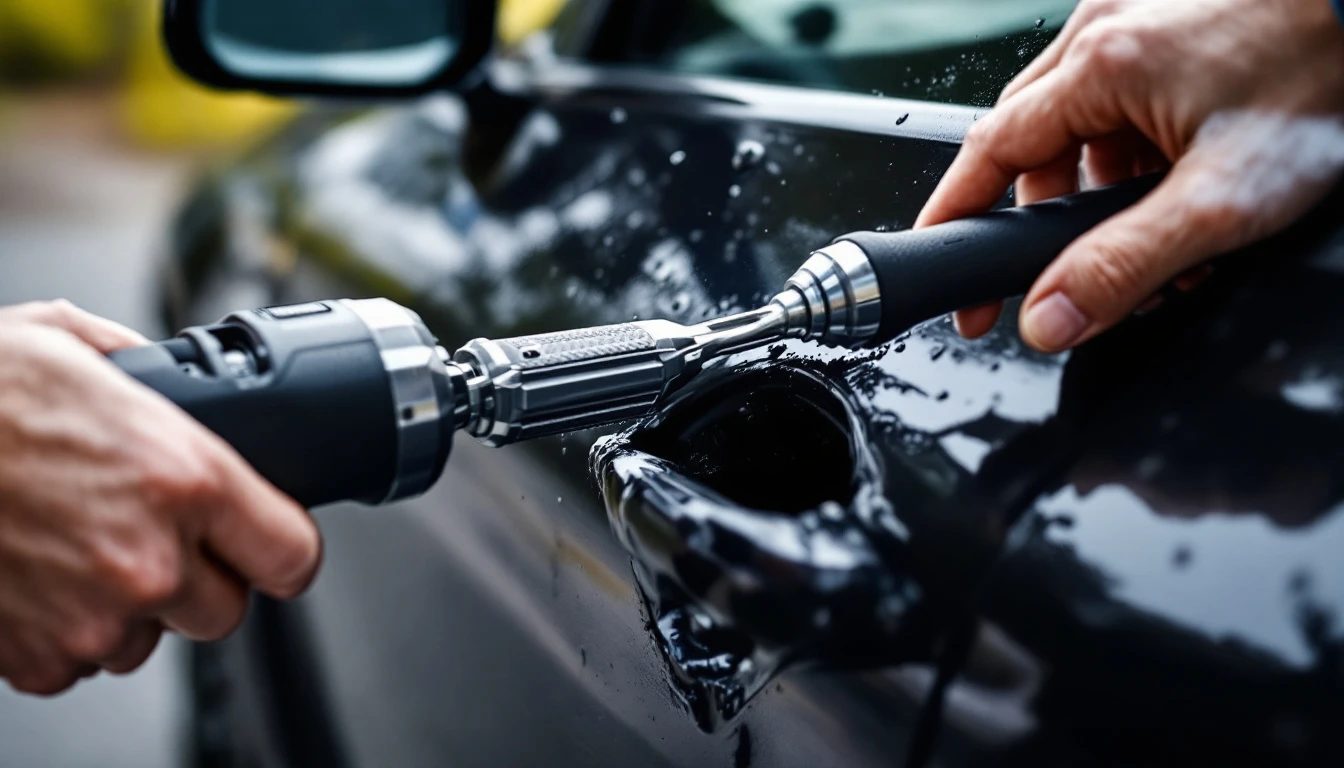 Tecnico usando cuna de aire y varilla profesional para abrir un vehiculo cerrado sin danos en un estacionamiento del DFW
