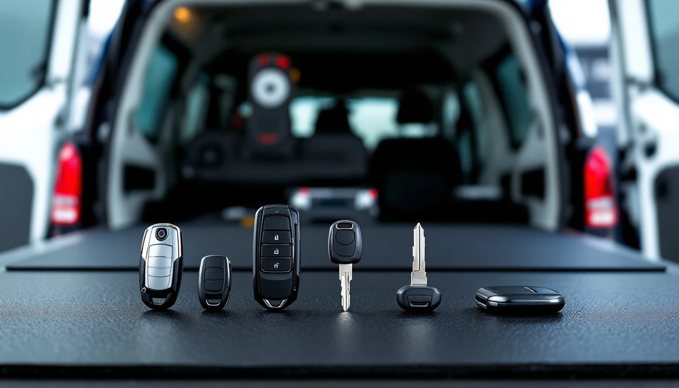 Cinco tipos de llave de carro acomodados sobre una mesa de trabajo movil con maquina cortadora al fondo durante un servicio en el Metroplex