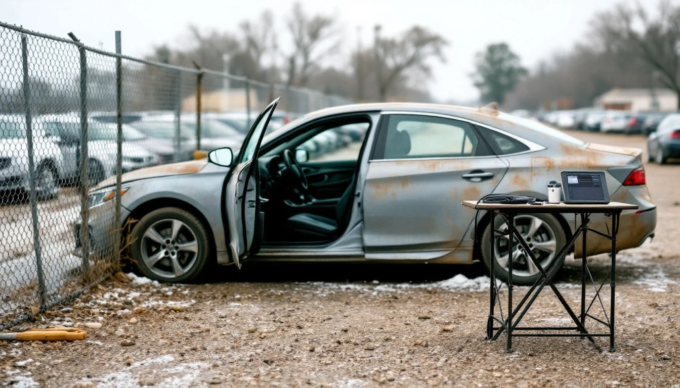 Sedan sin llaves estacionado en un lote de remate del Metroplex mientras un tecnico movil prepara su equipo de programacion sobre una mesa portatil