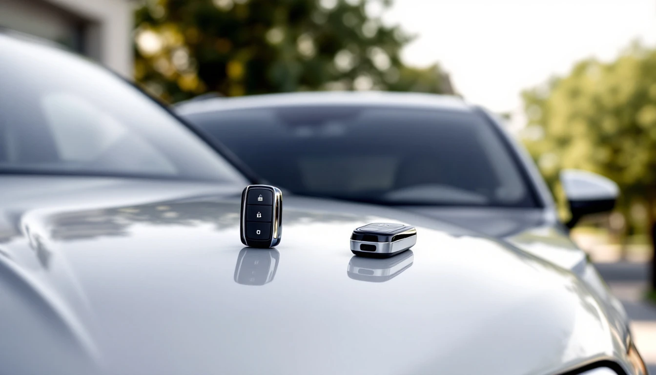 Smart key elegante de un Lexus RX sobre el cofre plateado del SUV en una entrada limpia del DFW