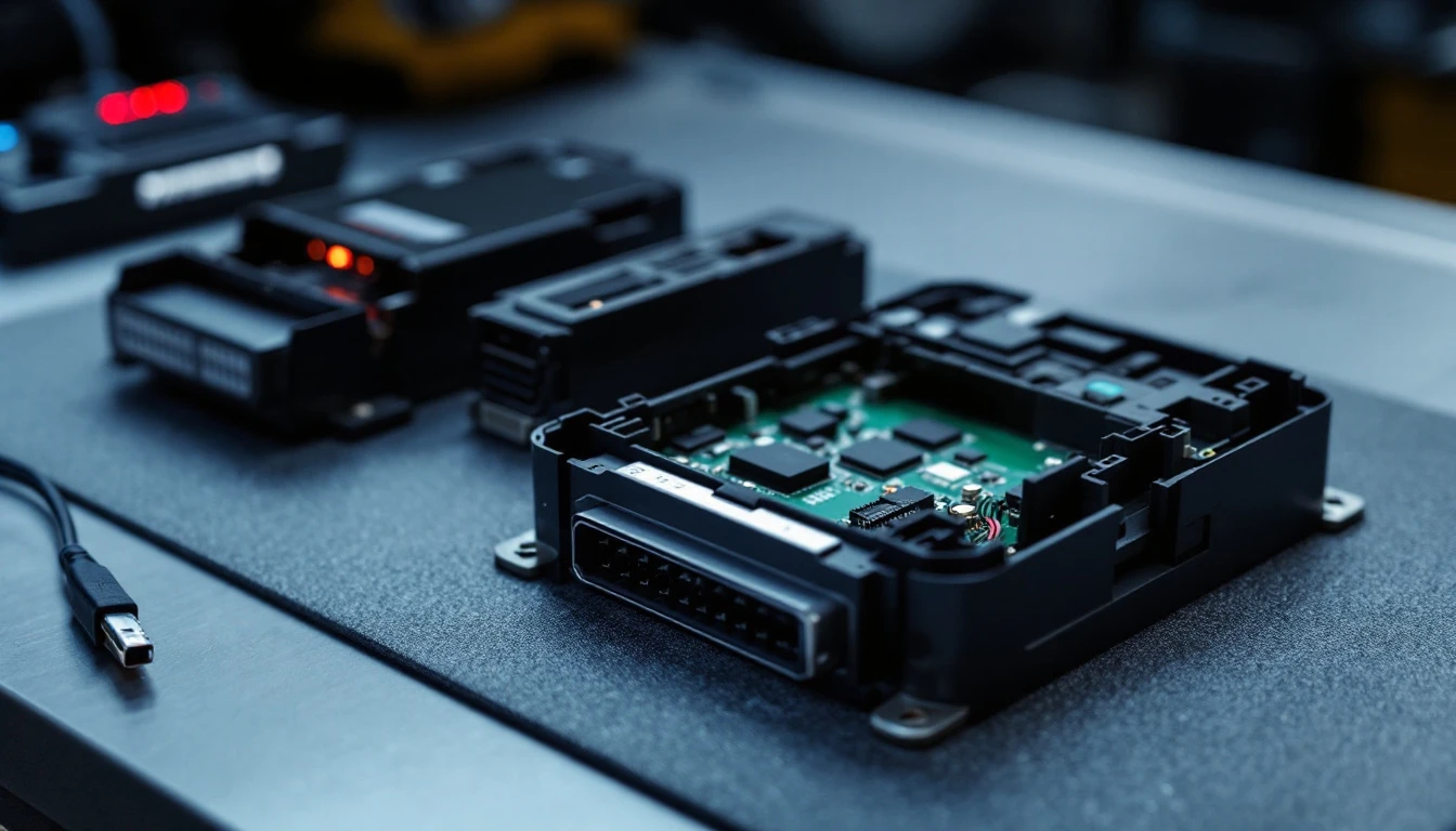 Tres modulos electronicos de vehiculo alineados sobre una mesa antiestatica junto a una interfaz de programacion de banco en un taller del Metroplex