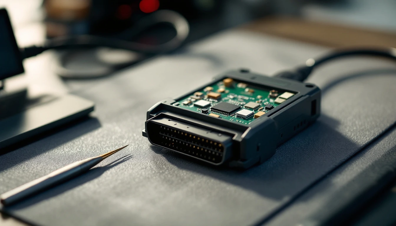 Modulo electronico de vehiculo sobre un tapete antiestatico junto a una interfaz de programacion y cables de diagnostico en un taller movil del DFW