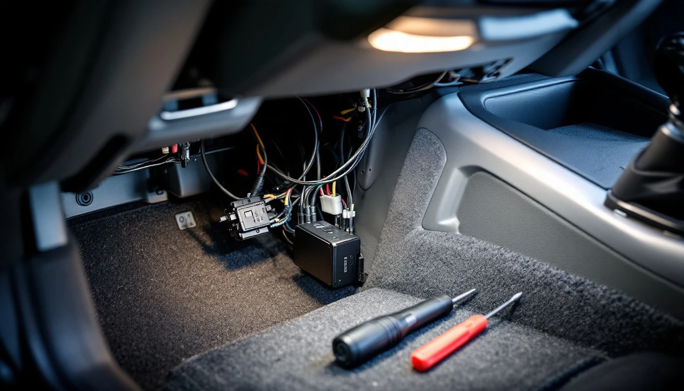 Boton de encendido start stop en el tablero de un carro con un tecnico revisando el sistema con equipo de diagnostico en el Metroplex