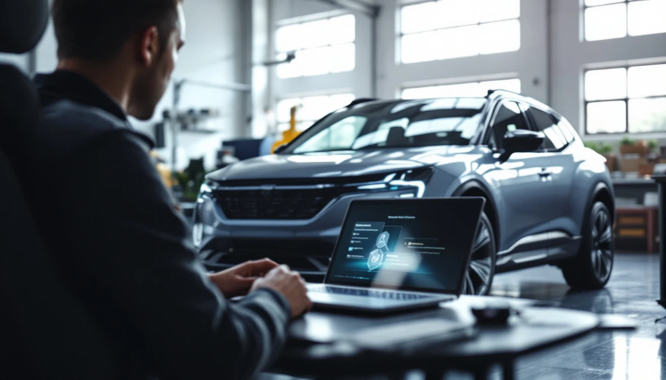 Tecnico codificando component protection de un Audi Q5 en una laptop con la llave sobre el asiento de piel en el DFW