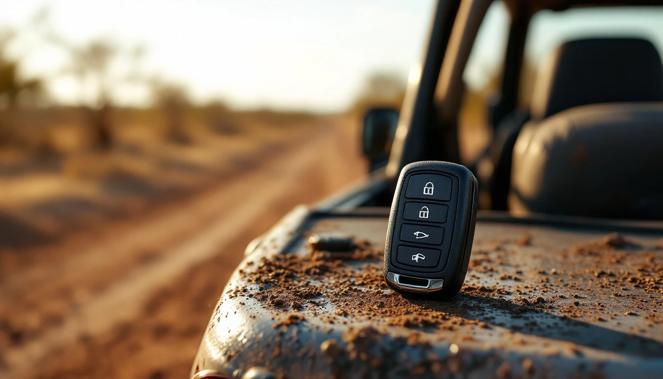 Control remoto negro de camioneta todoterreno apoyado sobre la defensa trasera de un Jeep de puertas removibles en un camino de terraceria de Texas