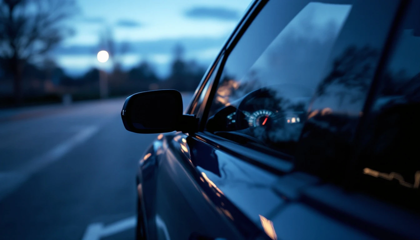 Carro estacionado al anochecer con las puertas cerradas y el tablero encendido visible a traves de la ventanilla en un estacionamiento del Metroplex DFW