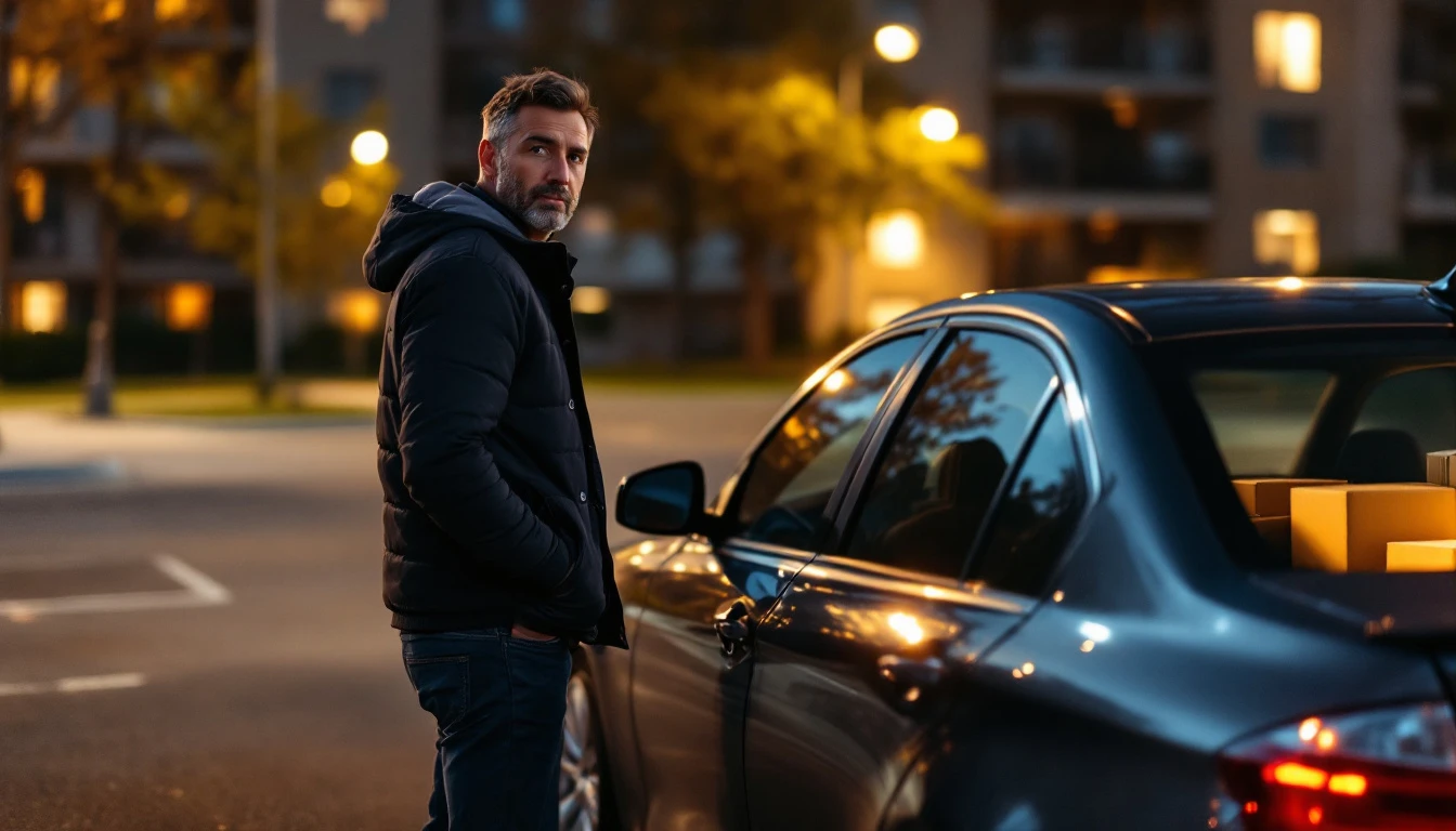 Conductor junto a su carro cerrado en un estacionamiento del Metroplex DFW esperando servicio de cerrajero automotriz movil