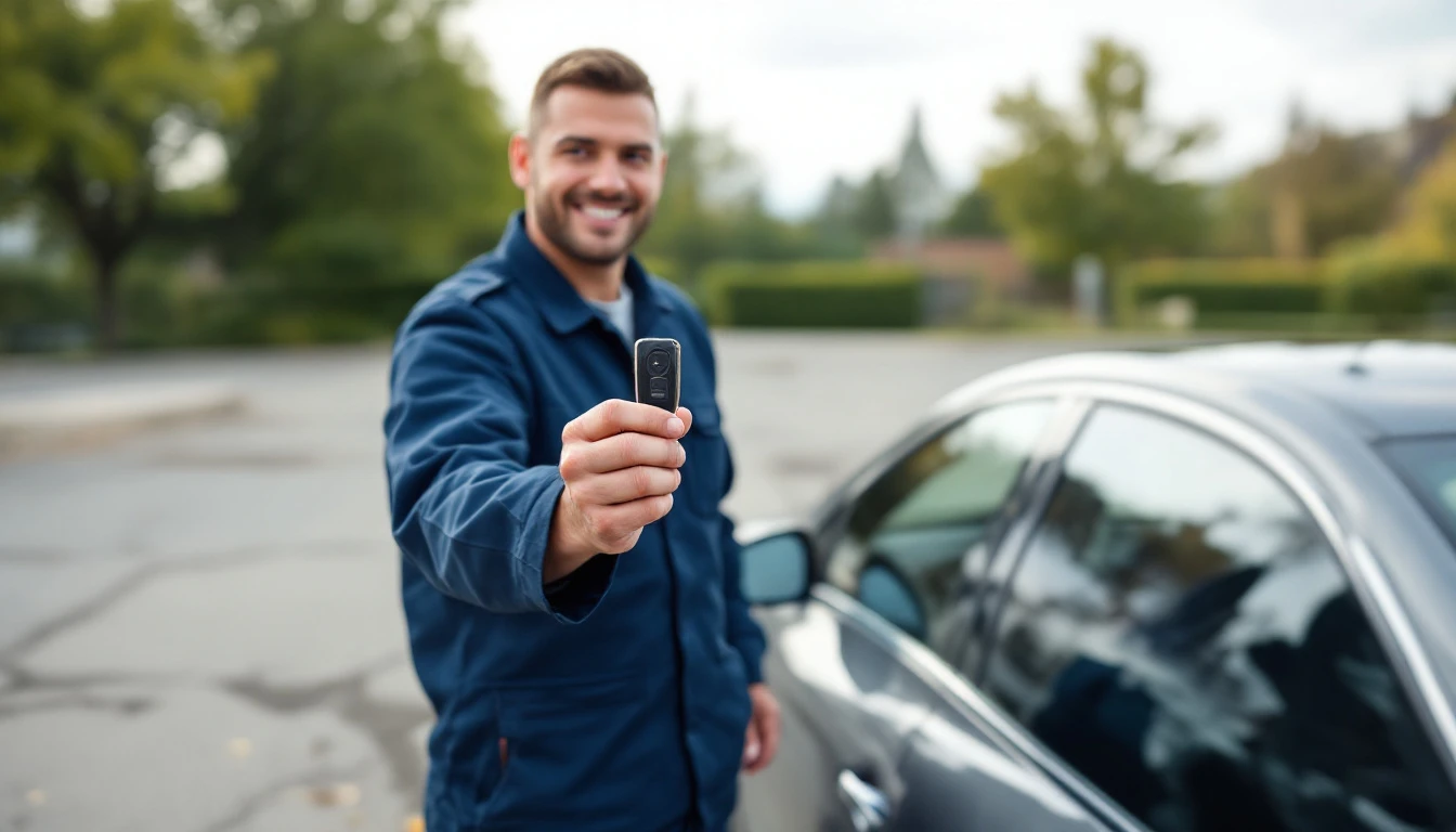 Tecnico de cerrajeria automotriz movil atendiendo a un cliente junto a su carro en un estacionamiento del Metroplex DFW