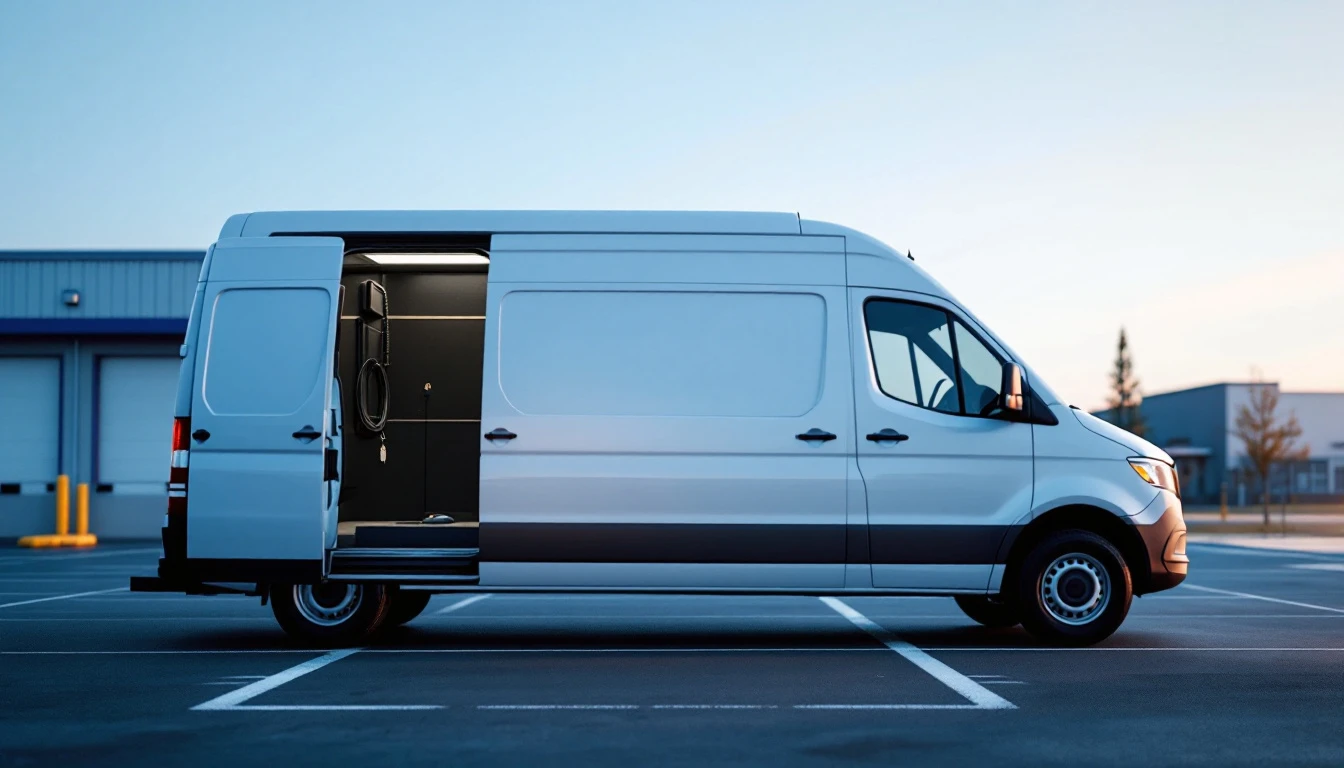 Tecnico movil conectando equipo de diagnostico al puerto de una van Mercedes Sprinter blanca de trabajo en el Metroplex
