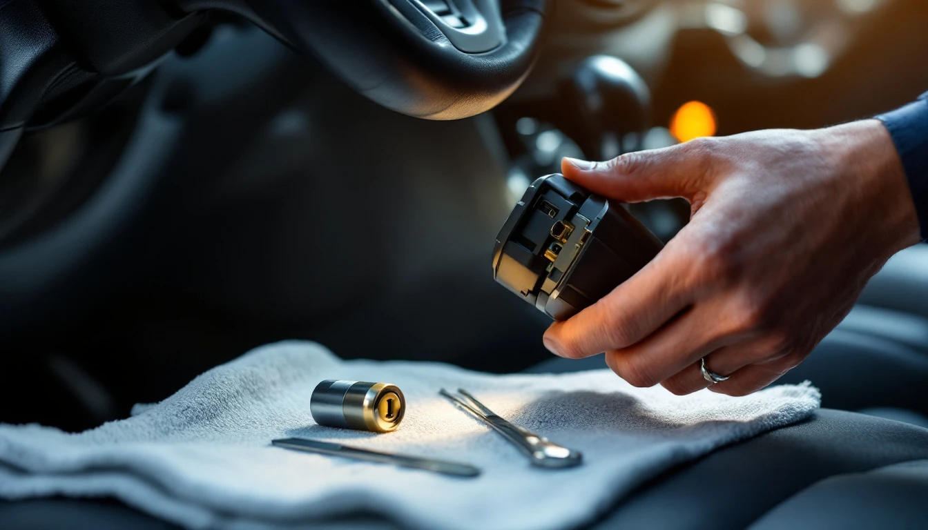Columna de direccion de una minivan Honda con el cilindro de ignicion desmontado durante una reparacion movil en el DFW