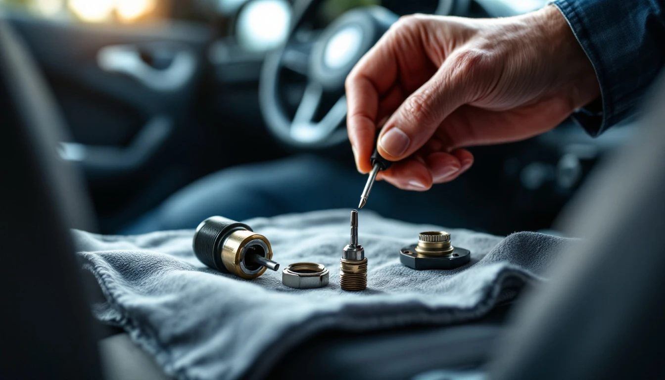 Cilindro de ignicion desarmado de un Jeep durante una reparacion movil en el Metroplex DFW