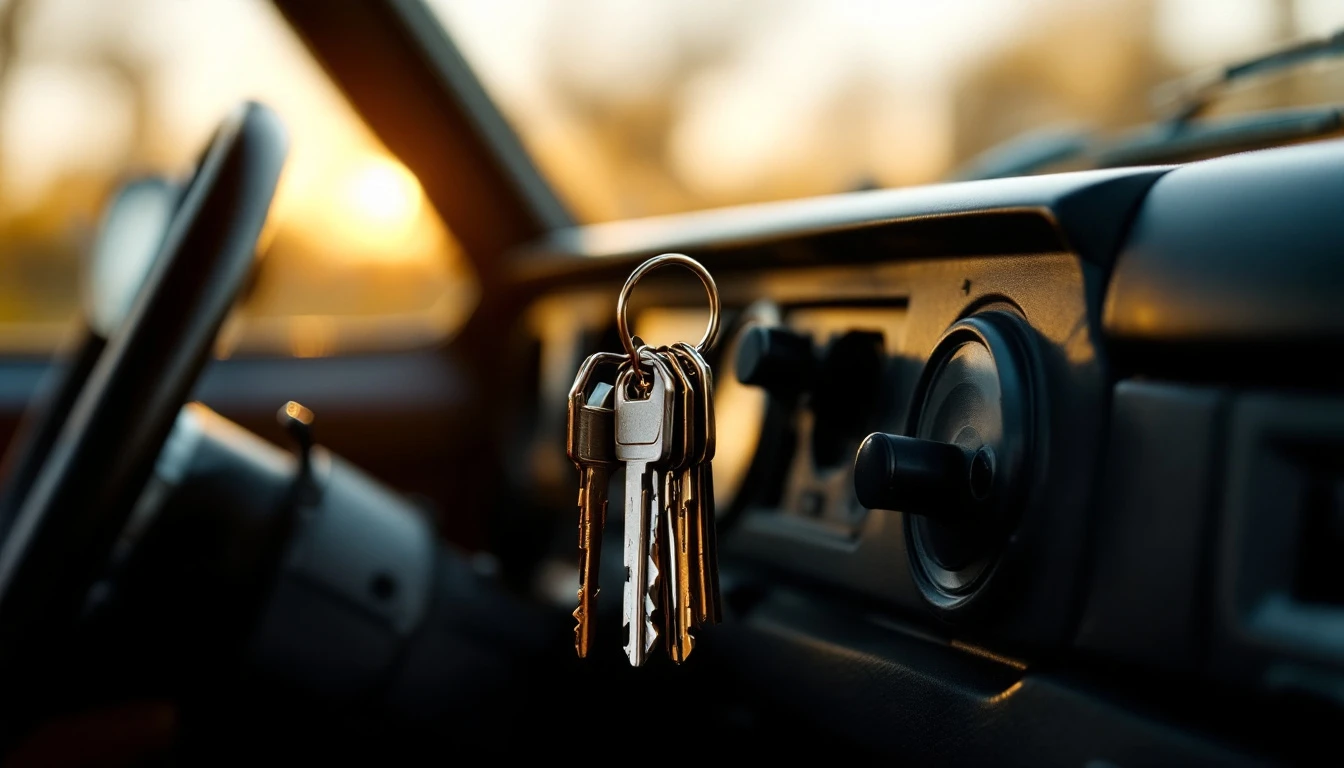 Llave metalica gastada con un llavero pesado colgando del encendido de un sedan viejo estacionado al atardecer en el Metroplex