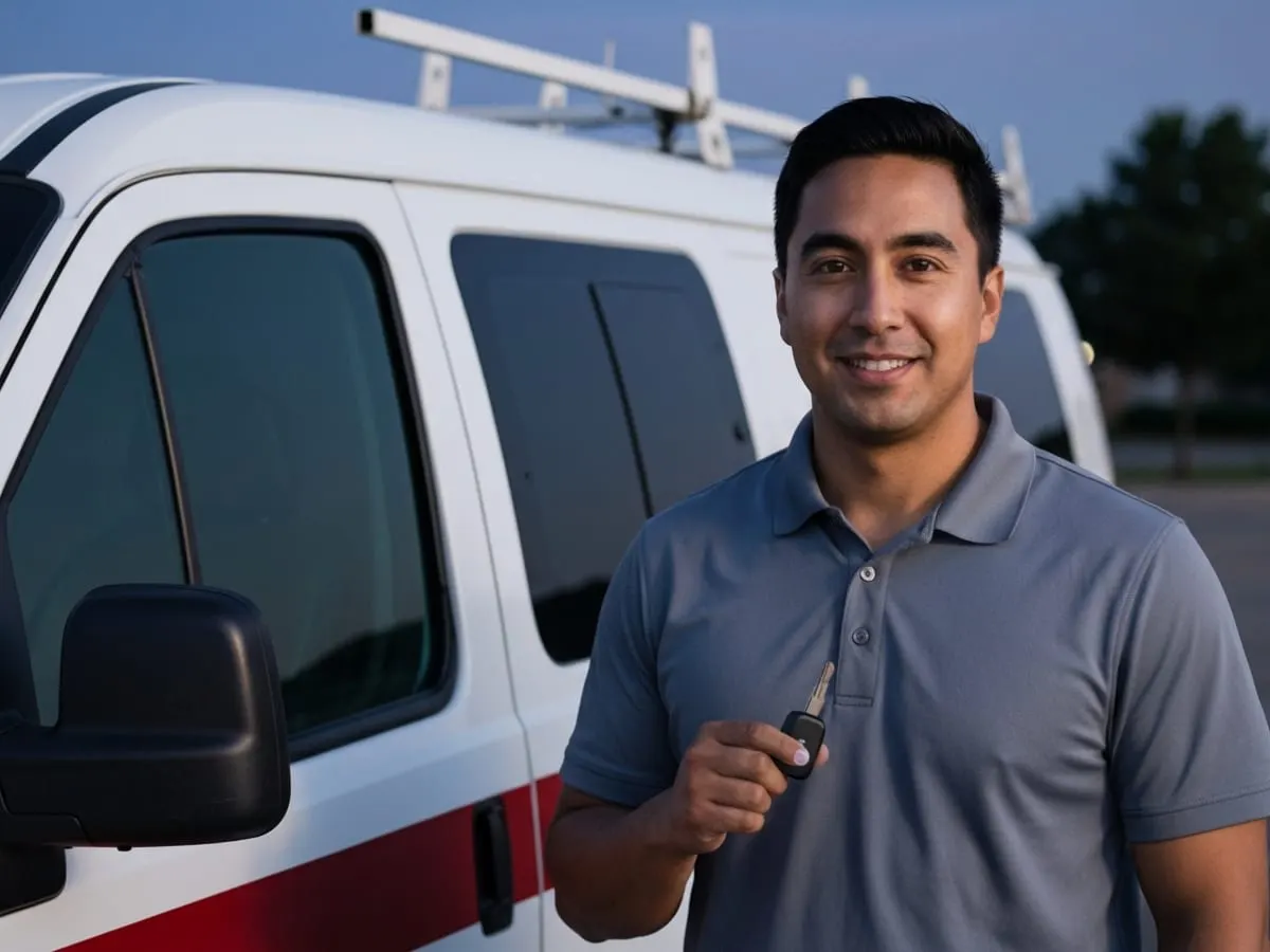 Técnico cerrajero bilingüe del Metroplex DFW junto a unidad móvil